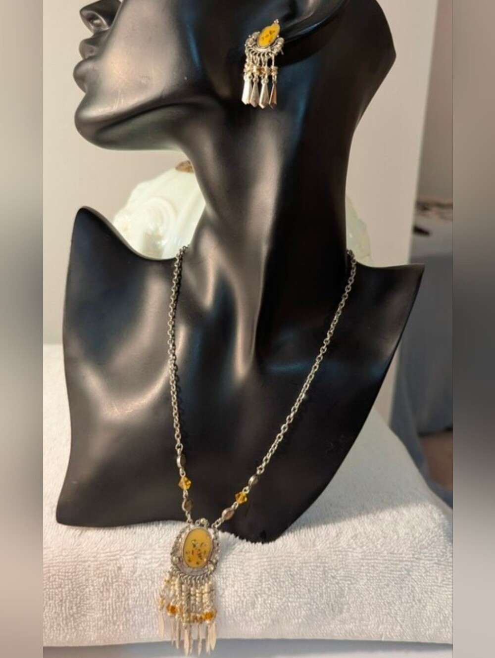 Boho Tribal VTG Y2K Silver Faux Amber Fringe Necklace & Earring Set + FREE GIFT
